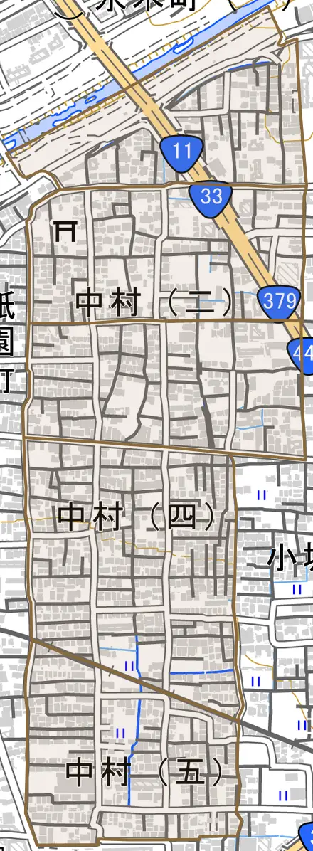 中村とその周辺の地図。町の範囲を重ねている