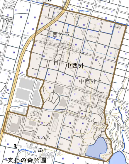 中西外とその周辺の地図。町の範囲を重ねている