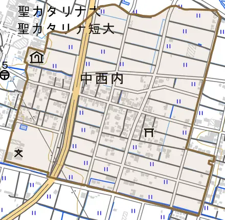 中西内とその周辺の地図。町の範囲を重ねている