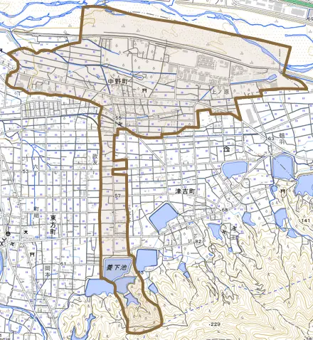 中野町とその周辺の地図。町の範囲を重ねている