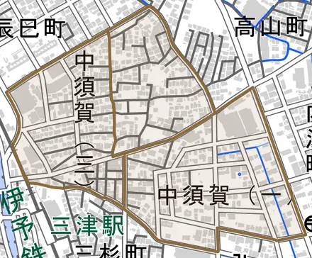 中須賀とその周辺の地図。町の範囲を重ねている
