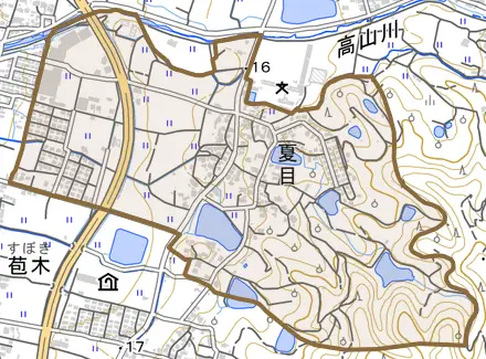 夏目とその周辺の地図。町の範囲を重ねている