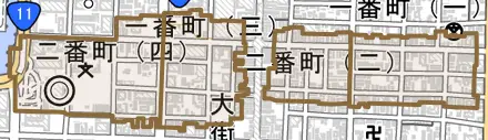 二番町とその周辺の地図。町の範囲を重ねている