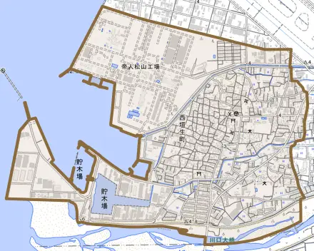 西垣生町とその周辺の地図。町の範囲を重ねている