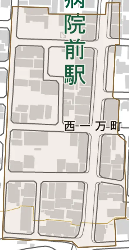 西一万町とその周辺の地図。町の範囲を重ねている