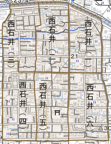 西石井とその周辺の地図。町の範囲を重ねている