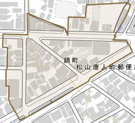 錦町とその周辺の地図。町の範囲を重ねている