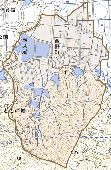 西野町とその周辺の地図。町の範囲を重ねている