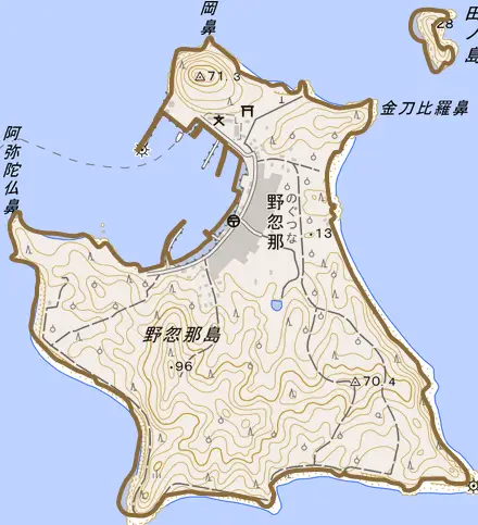 野忽那とその周辺の地図。町の範囲を重ねている