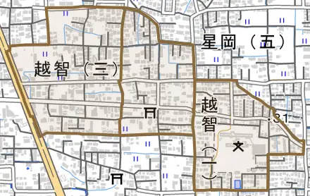 越智とその周辺の地図。町の範囲を重ねている