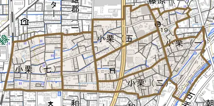 小栗とその周辺の地図。町の範囲を重ねている