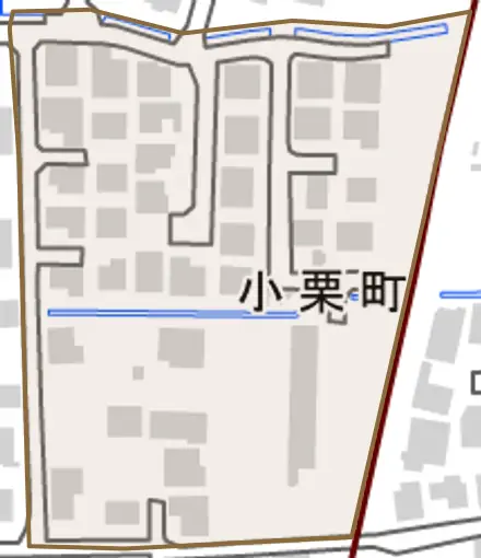 小栗町とその周辺の地図。町の範囲を重ねている