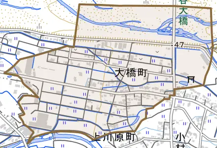 大橋町とその周辺の地図。町の範囲を重ねている