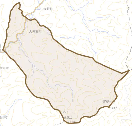 大井野町とその周辺の地図。町の範囲を重ねている