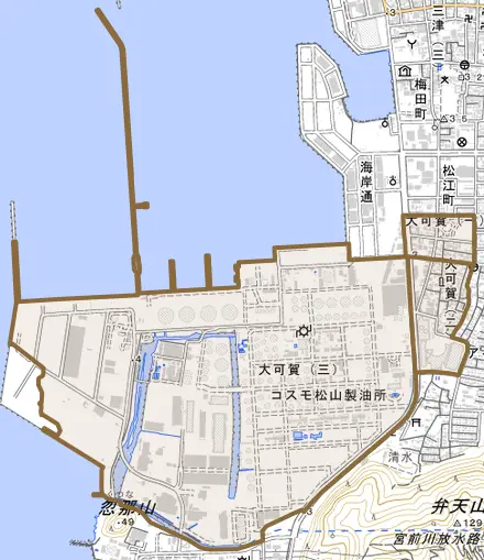 大可賀とその周辺の地図。町の範囲を重ねている