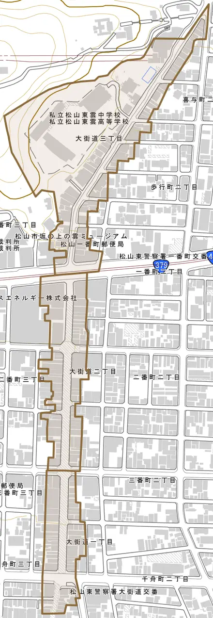 大街道とその周辺の地図。町の範囲を重ねている