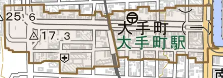 大手町とその周辺の地図。町の範囲を重ねている