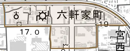 六軒家町とその周辺の地図。町の範囲を重ねている