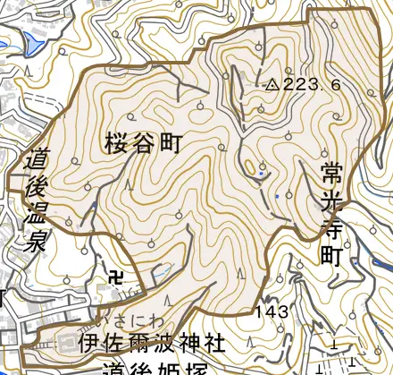 桜谷町とその周辺の地図。町の範囲を重ねている