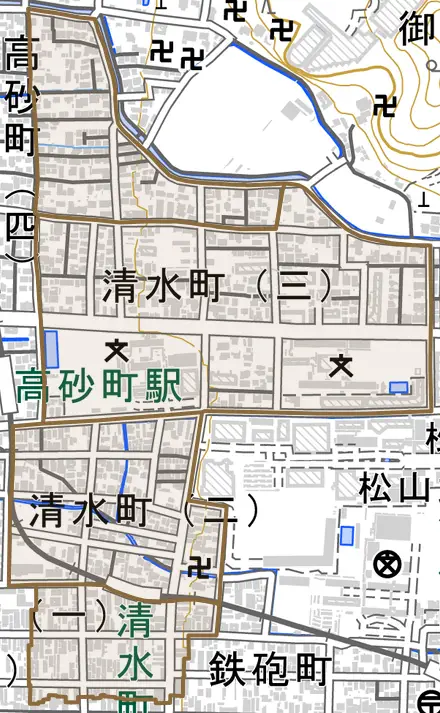 清水町とその周辺の地図。町の範囲を重ねている