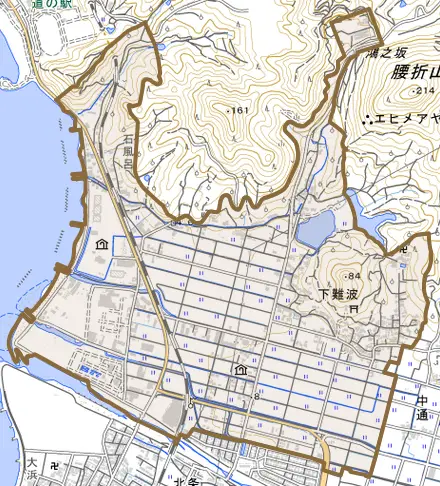 下難波とその周辺の地図。町の範囲を重ねている