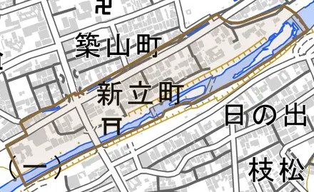 新立町とその周辺の地図。町の範囲を重ねている