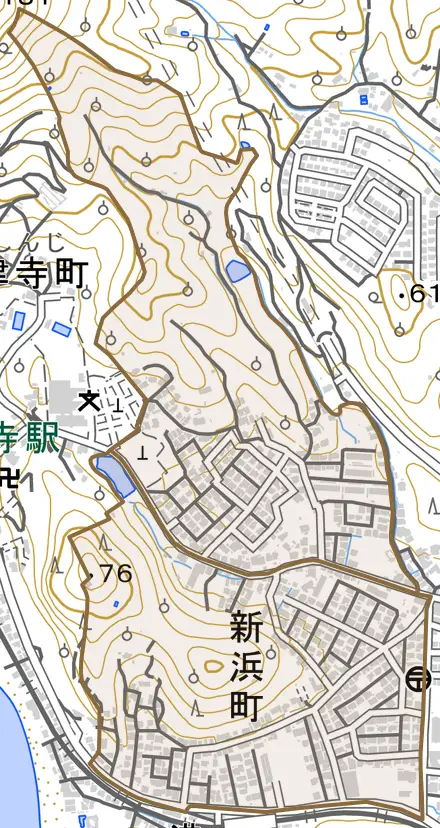 新浜町とその周辺の地図。町の範囲を重ねている
