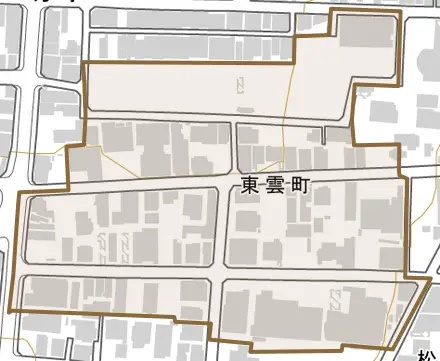 東雲町とその周辺の地図。町の範囲を重ねている
