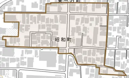 昭和町とその周辺の地図。町の範囲を重ねている