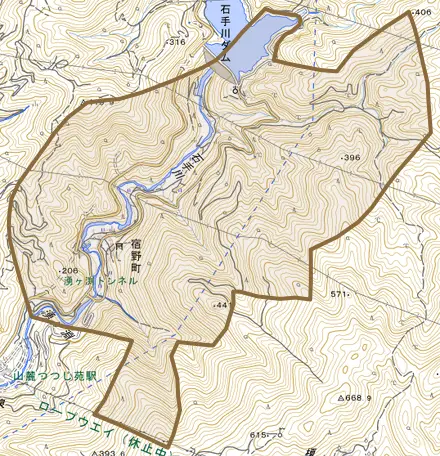 宿野町とその周辺の地図。町の範囲を重ねている