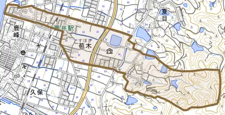苞木とその周辺の地図。町の範囲を重ねている