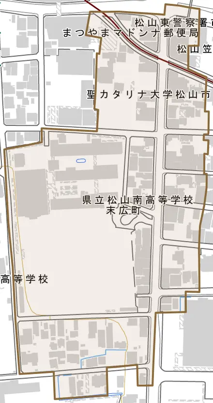 末広町とその周辺の地図。町の範囲を重ねている