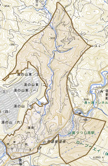末町とその周辺の地図。町の範囲を重ねている