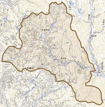 菅沢町とその周辺の地図。町の範囲を重ねている