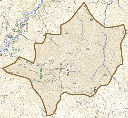 杉立町とその周辺の地図。町の範囲を重ねている
