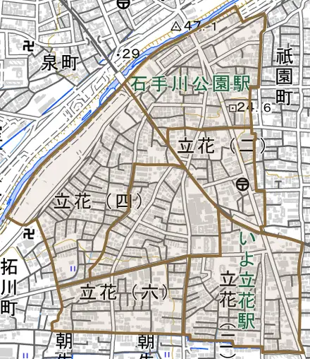 立花とその周辺の地図。町の範囲を重ねている