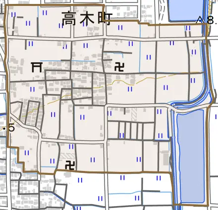 高木町とその周辺の地図。町の範囲を重ねている