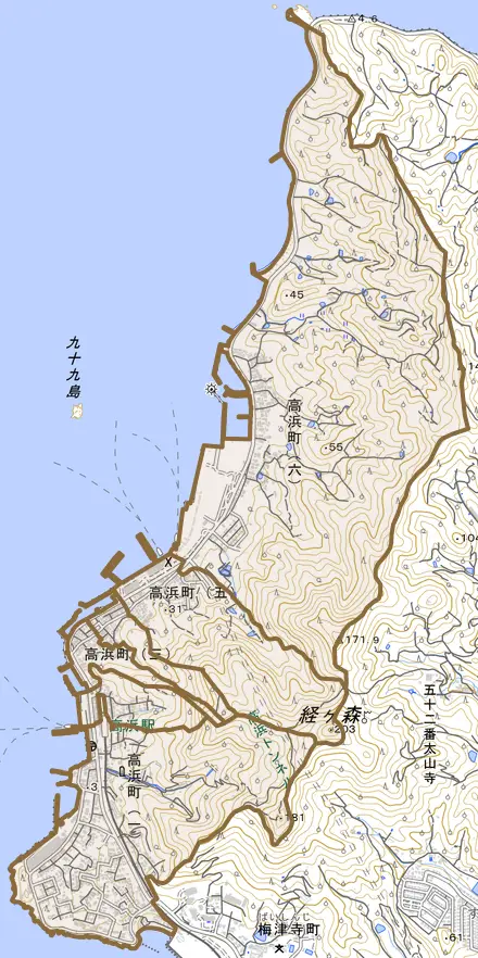 高浜町とその周辺の地図。町の範囲を重ねている