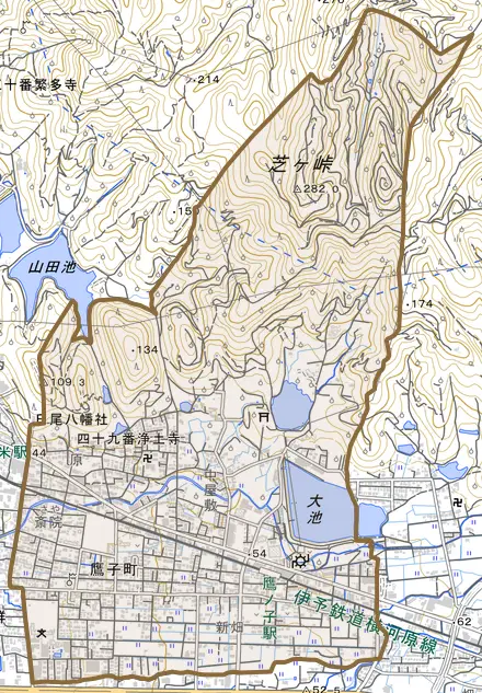鷹子町とその周辺の地図。町の範囲を重ねている