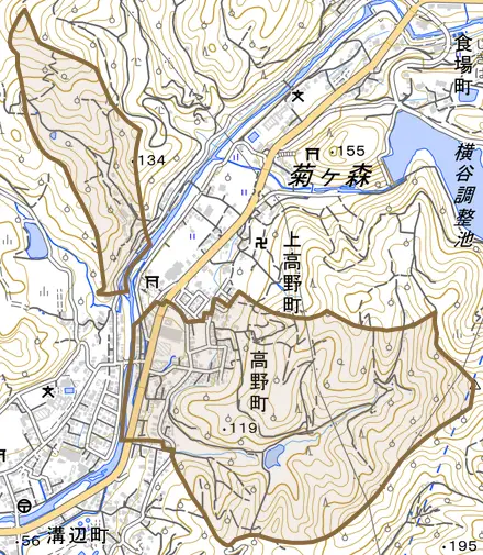 高野町とその周辺の地図。町の範囲を重ねている