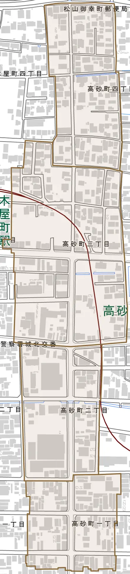 高砂町とその周辺の地図。町の範囲を重ねている