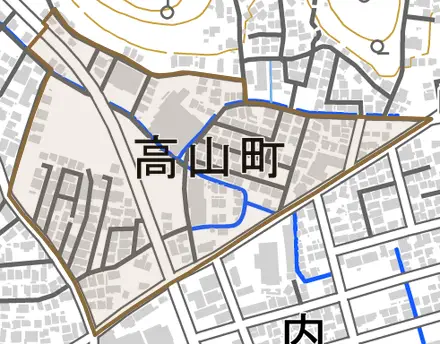 高山町とその周辺の地図。町の範囲を重ねている