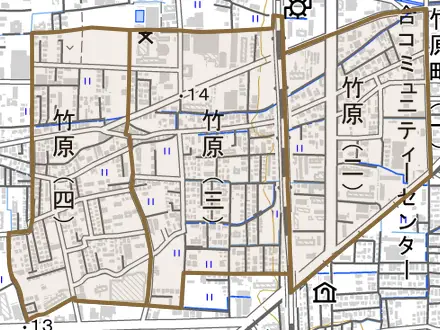 竹原とその周辺の地図。町の範囲を重ねている
