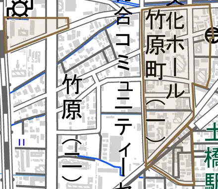 竹原町とその周辺の地図。町の範囲を重ねている