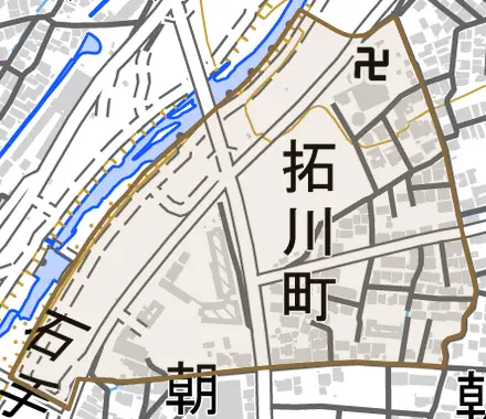 拓川町とその周辺の地図。町の範囲を重ねている