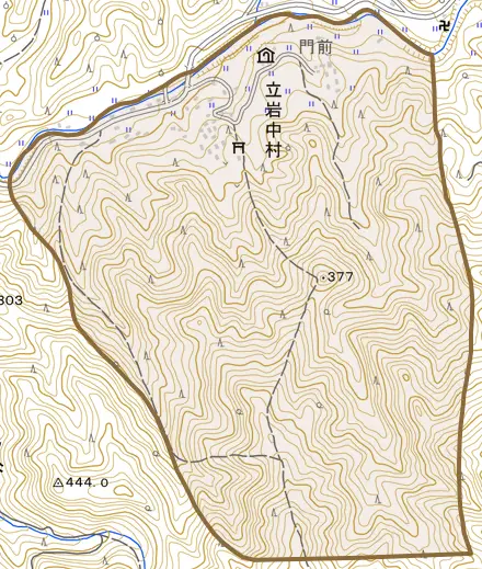 立岩中村とその周辺の地図。町の範囲を重ねている