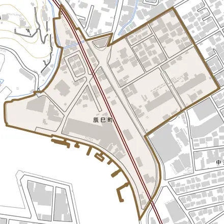 辰巳町とその周辺の地図。町の範囲を重ねている
