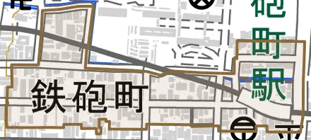 鉄砲町とその周辺の地図。町の範囲を重ねている