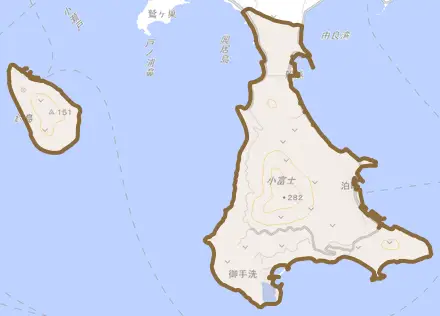 泊町とその周辺の地図。町の範囲を重ねている