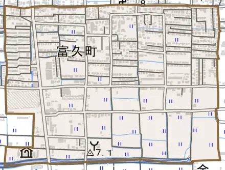 富久町とその周辺の地図。町の範囲を重ねている
